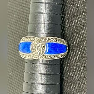 Rare Real Lapis Lazuli 925 Sterling Marcasite Heavy Weight Band Ring 8
